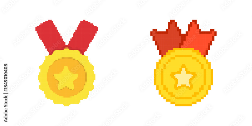 Pixel Medal Awards With Star Design Pixelated Icon Set. Pixel Art Symbol Collection Of Gold And Bronze Star Medals. Isolated Vector Illustration