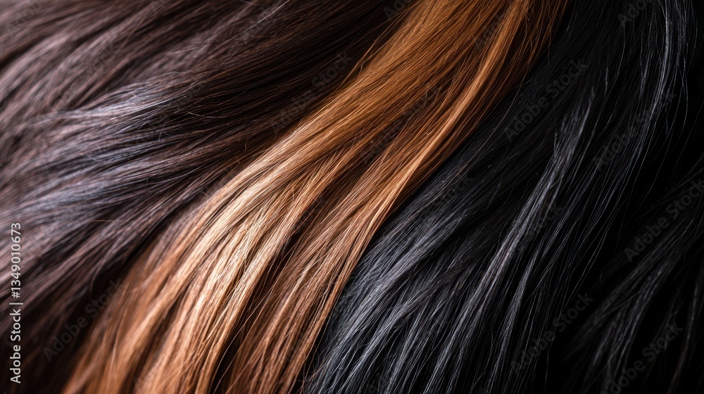 Close-up view of flowing hair strands in various shades, showcasing texture and color blending Close-up view of flowing hair strands in various shades, showcasing texture and color blending