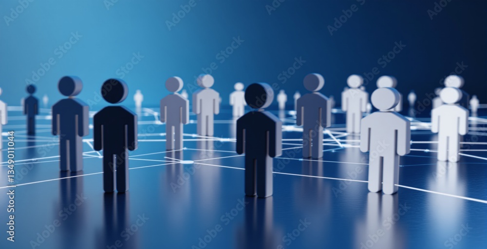 Abstract human-shaped figures connected by glowing lines on a blue background. Concept of digital communication, technology, networking, and connection. Ai generative Abstract human-shaped figures connected by glowing lines on a blue background. Concept of digital communication, technology, networking, and connection. Ai generative