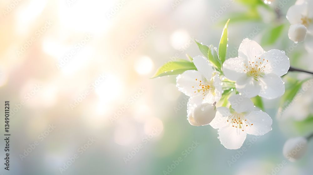 Soft white blossoms sparkle with morning dew, bathed in warm golden sunlight. Ideal for wedding invitations, floral branding, and nature-inspired photography. Selective focus Soft white blossoms sparkle with morning dew, bathed in warm golden sunlight. Ideal for wedding invitations, floral branding, and nature-inspired photography. Selective focus