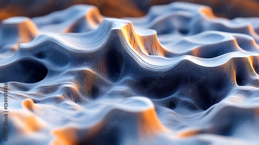 Fototapeta premium Abstract 3D rendered landscape with metallic texture and warm light.