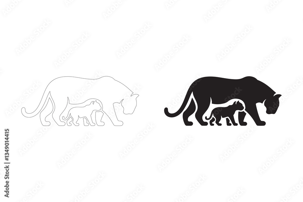 Fototapeta premium Silhouette of a Mother Panther and Cubs. Fully editable Flat and Outline.