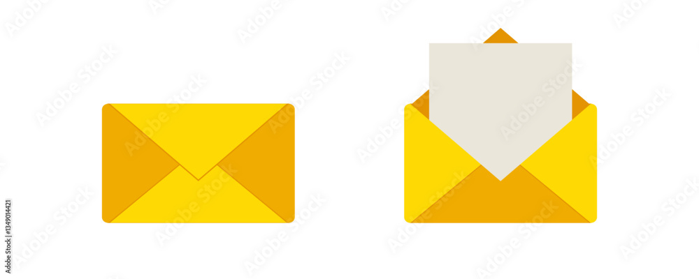 Two yellow envelopes one is open with a visible white letter, the other is closed. simple design. Two yellow envelopes one is open with a visible white letter, the other is closed. simple design.