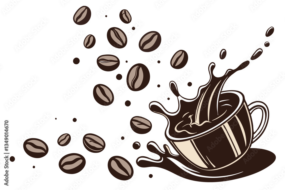 Obraz premium 39 Coffee splash, dynamic liquid motion, coffee beans, brown and black tones, high-speed photography, white background, crisp details, artistic food photography, glossy surface, droplets, aromatic, en