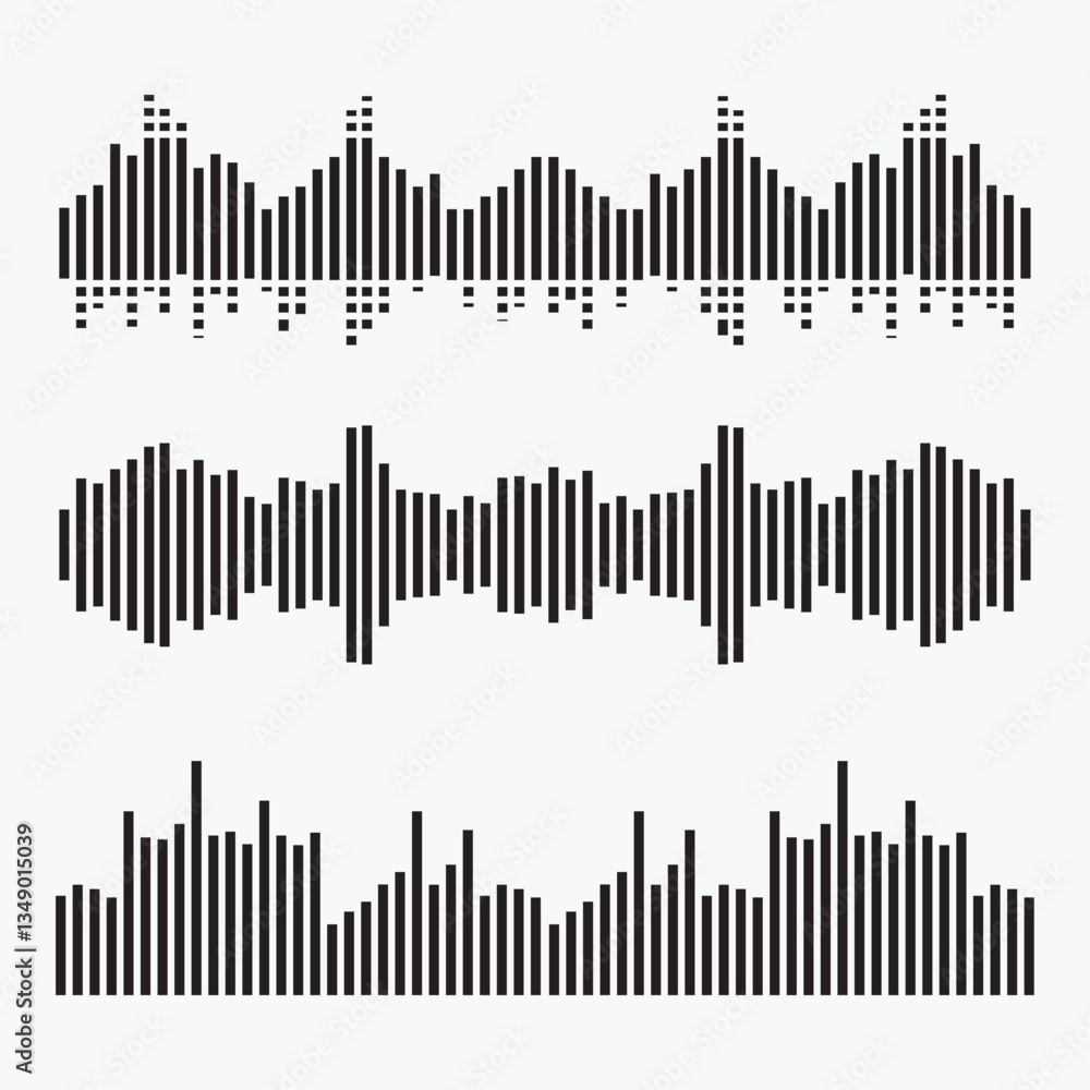 Black halftone vector sound waves flow isolated on a white background. Waveform pattern for music, Dictaphone, podcast, voice message or background. Spectral music frequency illustration Black halftone vector sound waves flow isolated on a white background. Waveform pattern for music, Dictaphone, podcast, voice message or background. Spectral music frequency illustration