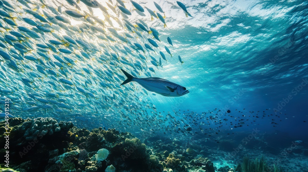 Fototapeta premium Ocean reef fish school sunlight underwater coral background nature