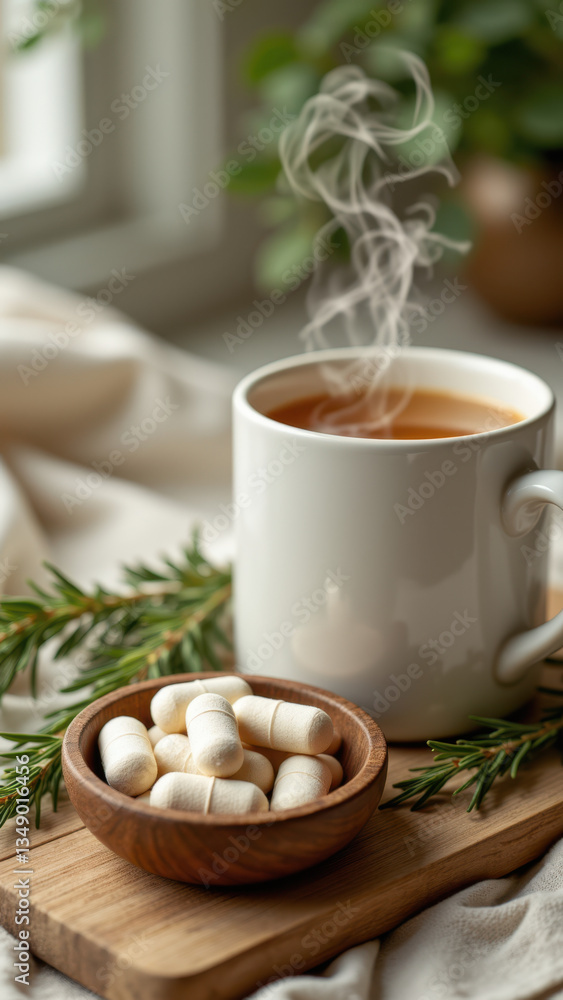 A warm cup of tea with steam rising, accompanied by a bowl of white magnesium glycinate tablets on a wooden surface with decorative greenery. A warm cup of tea with steam rising, accompanied by a bowl of white magnesium glycinate tablets on a wooden surface with decorative greenery.