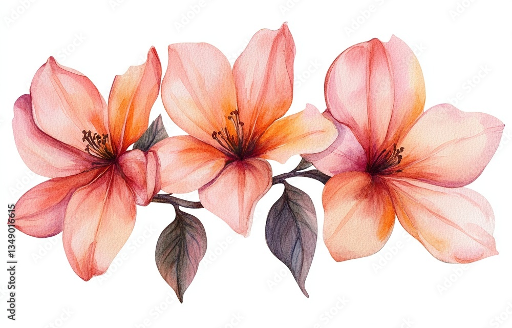 Obraz premium Delicate watercolor painting of three peach-colored flowers, showcasing their intricate details and soft hues against a white background.