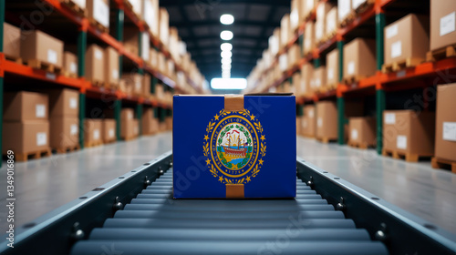 A package wrapped in the New Hampshire flag moves on a conveyor belt inside a warehouse. Symbolizing logistics, global trade, and the efficiency of supply chains.