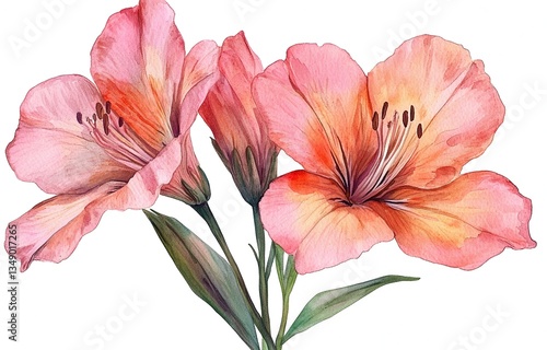 Delicate watercolor painting of three peach-colored Alstroemeria flowers.  Soft hues and intricate details.