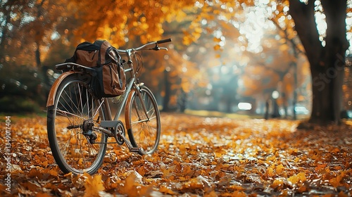 A bicycle sits in a park full of fallen autumn leaves