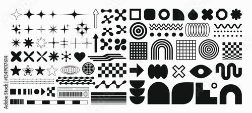 Set with different Y2k elements for design.Trendy geometric brutalism forms, memphis elements. Simple shapes forms, symbols and frames y2k style.