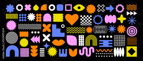 Set with different Y2k elements for design.Trendy geometric brutalism forms, memphis elements. Simple shapes forms, symbols and frames y2k style.
