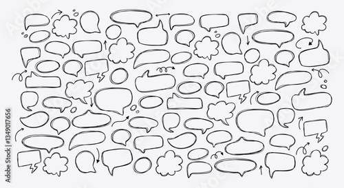 Set of hand drawn speech and thought bubbles. Doodle design with short messages.