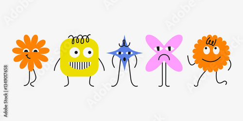 Set of geometric characters with face emotions. Shapes with funny faces. Simple shapes forms, symbols in bauhaus style. Template for a set of stickers, greeting cards, posters, planners. 