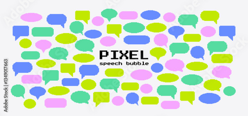 Pixel art speech bubbles set. Collection of pixel elements. Comic chat pixel elements. 8-bit style illustration. 