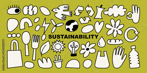 Green eco friendly set with eco symbols and abstract shapes. Eco environment vector set with hand draw symbols of environmental care - zero waste, organic products, recycling, eco-friendly. 