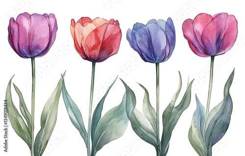 Wallpaper Mural Watercolor painting of four tulips in different colors.  Vibrant hues and delicate details. Torontodigital.ca