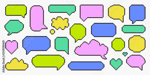 Pixel art speech bubbles set. Collection of pixel elements. Comic chat pixel elements. 8-bit style illustration. 