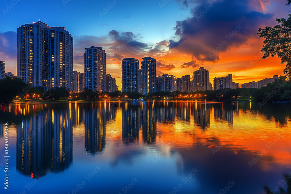 Obraz premium City Skyline at Sunset with Reflections