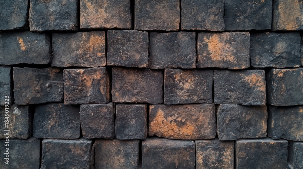 Fototapeta premium Dark stone wall texture, outdoor, stacked blocks, urban background, design