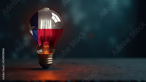 A patriotic concept: A light bulb with the Texas flag design glowing in the dark, symbolizing ingenuity, technology, and energy independence