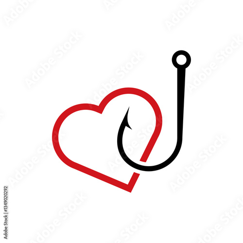 A red heart intertwined with a fish hook, representing the blend of affection and challenges in love.