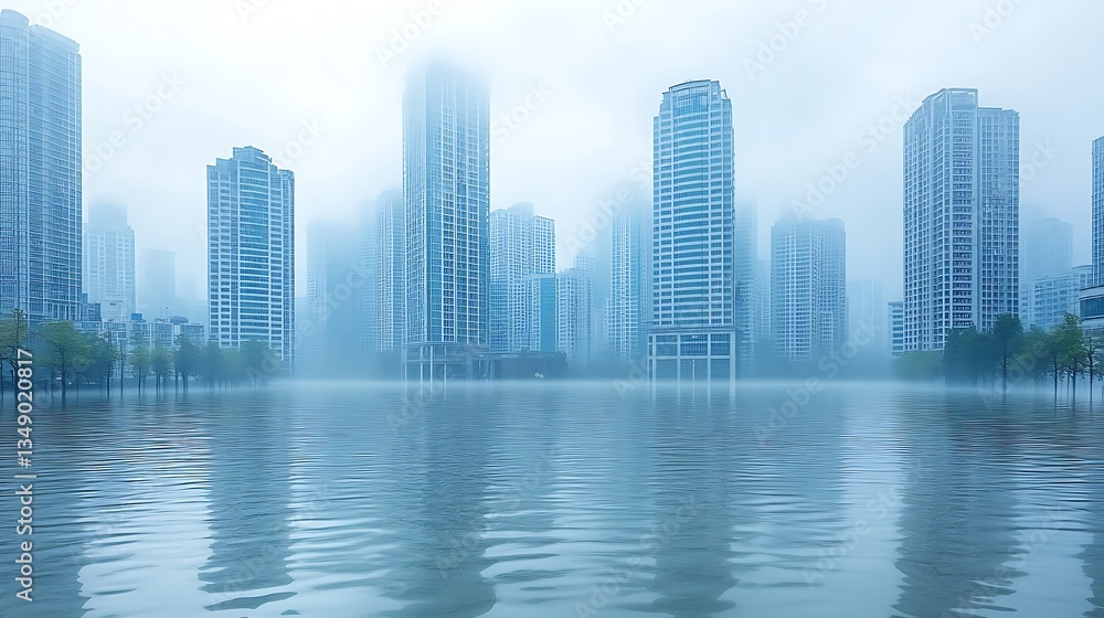 Fototapeta premium Foggy city skyline reflected in floodwaters.