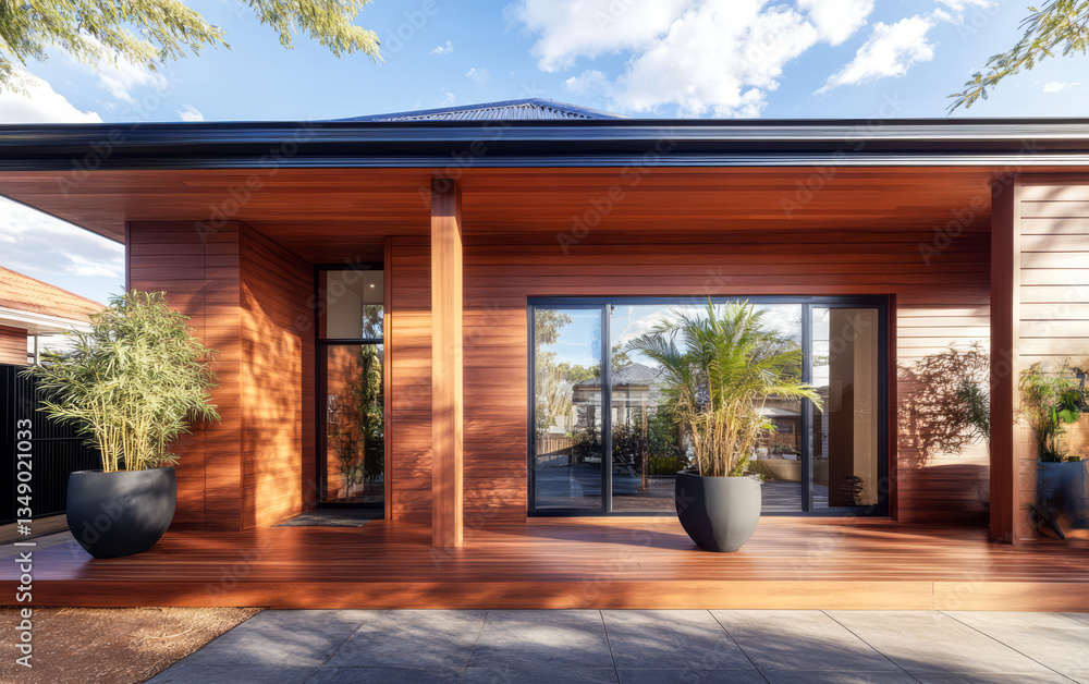 Fototapeta premium Modern wooden house exterior with stylish landscaping and bright blue sky
