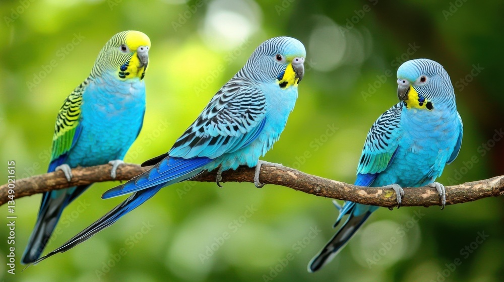 Obraz premium Australian budgerigar on tree branch,blue Australian parrot, cute birds, bird photography, outdoor, beautiful parrot, blue feather, blue parrot with blur background.