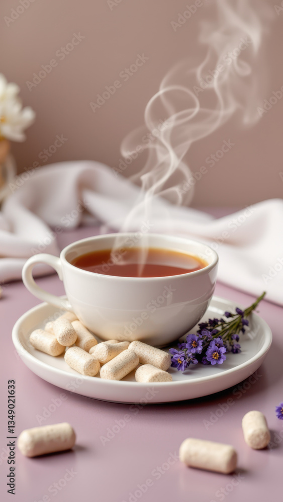 Magnesium supplement with steaming cup of tea on a table adorned with purple flowers. Magnesium supplement with steaming cup of tea on a table adorned with purple flowers.