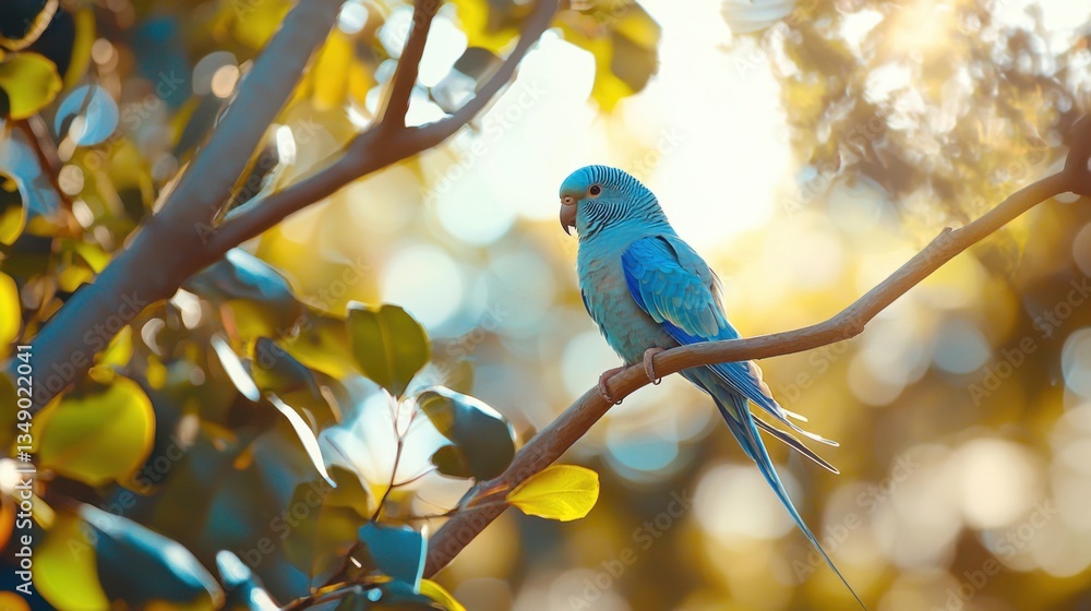 Fototapeta premium Australian budgerigar on tree branch,blue Australian parrot, cute birds, bird photography, outdoor, beautiful parrot, blue feather, blue parrot with blur background.