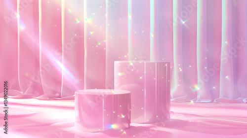 Soft pink and gold illuminated stage with glowing reflections, designed as a modern and stylish artistic background.
