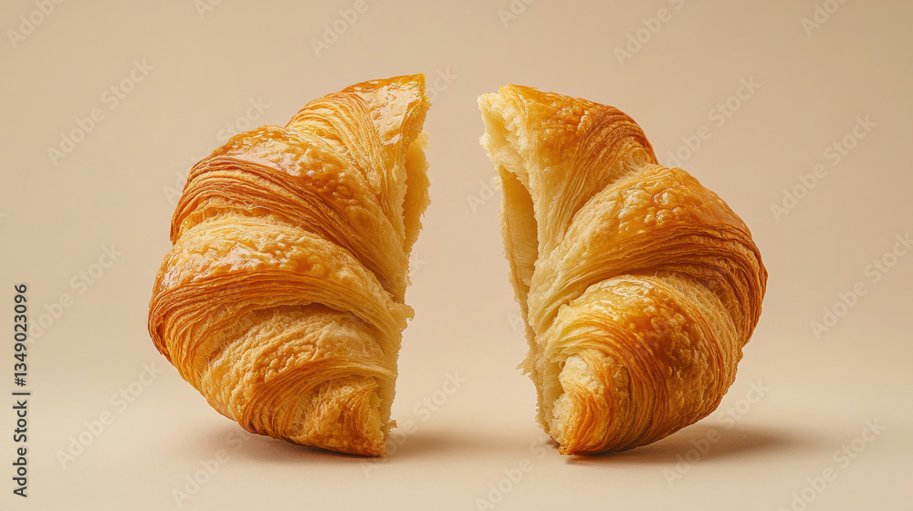 a croissant split (broken) on half on a beige background. a croissant split (broken) on half on a beige background.