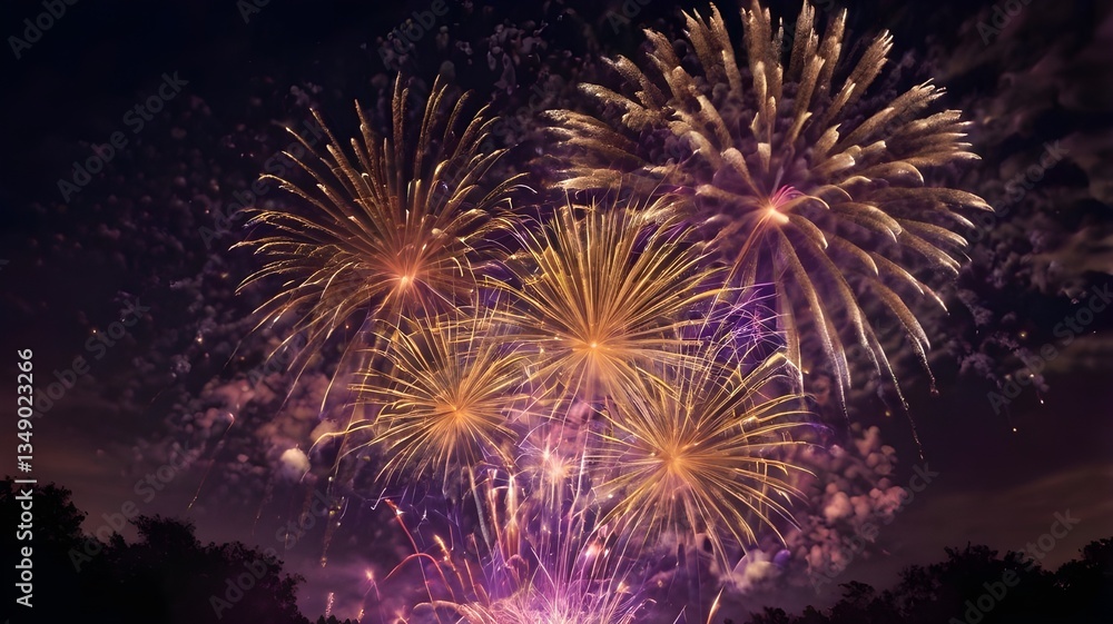 Golden Fireworks Exploding in Night Sky - Festive Celebration Display Golden Fireworks Exploding in Night Sky - Festive Celebration Display