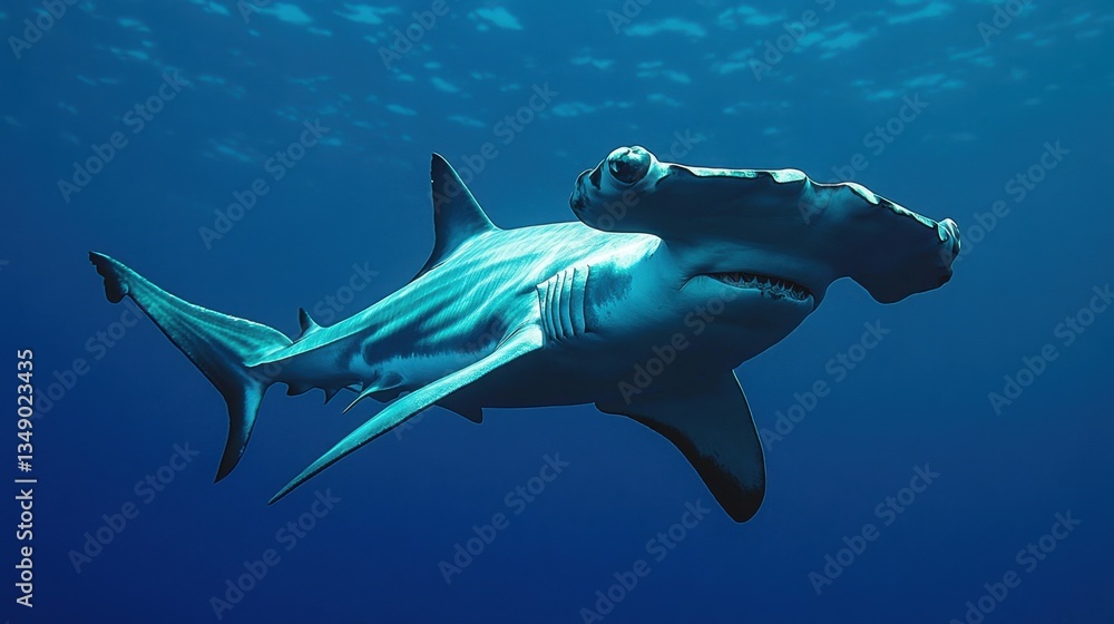 Obraz premium A hammerhead shark with its unique head shape clearly visible, gliding through the ocean