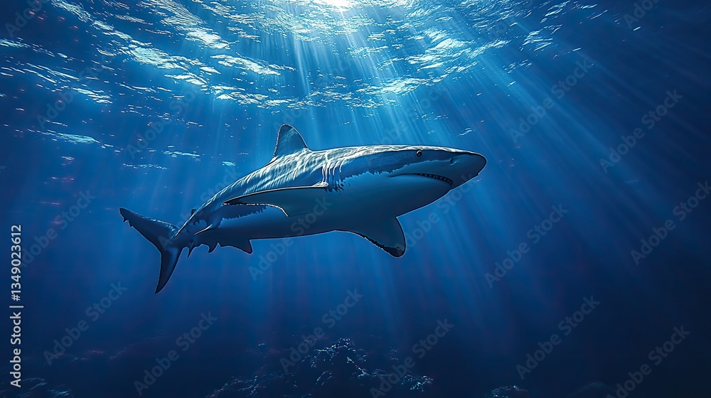 A majestic shark glides through tranquil deep blue ocean waters, sunlight filtering through the rippling surface creating stunning beams of light. A majestic shark glides through tranquil deep blue ocean waters, sunlight filtering through the rippling surface creating stunning beams of light.