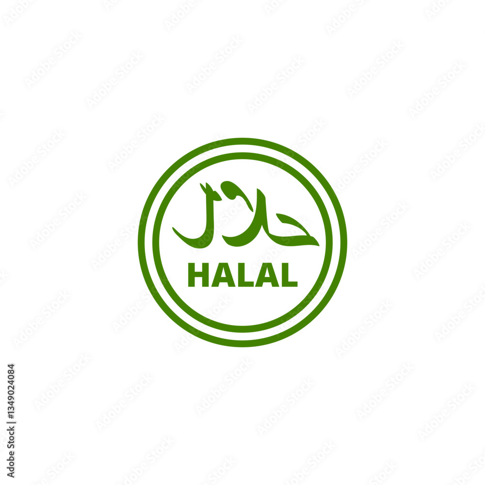 Green circle with arabic script and halal text conveys permissible food options in islamic dietary laws. Green circle with arabic script and halal text conveys permissible food options in islamic dietary laws.