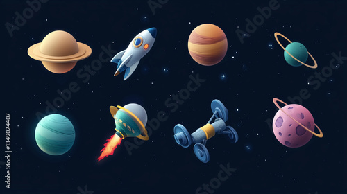 Space Objects 3D Render Icon Set – Astronaut, Planets, Rocket & UFO