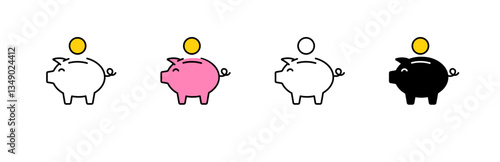 Illustration of four piggy banks in different colors. each piggy bank has a coin being saved inside.