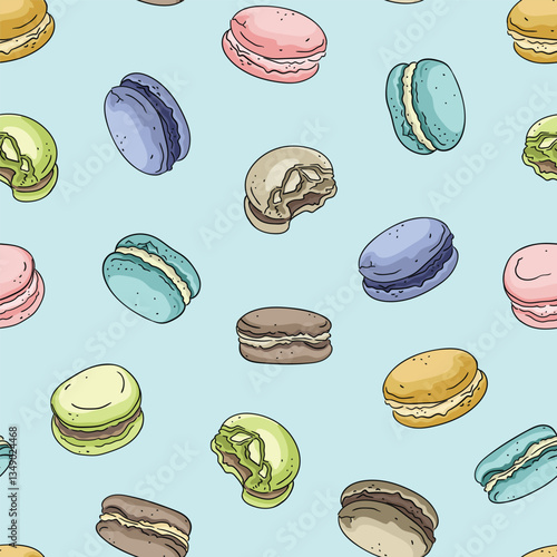 Vector colorful macaroons seamless pattern in hand-drawn style. Colorful sweet cakes. Macaron endless texture.