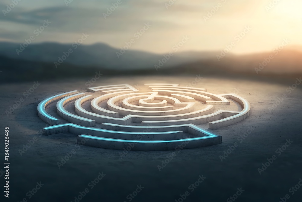 Fototapeta premium Circular Maze with Sunset Landscape.