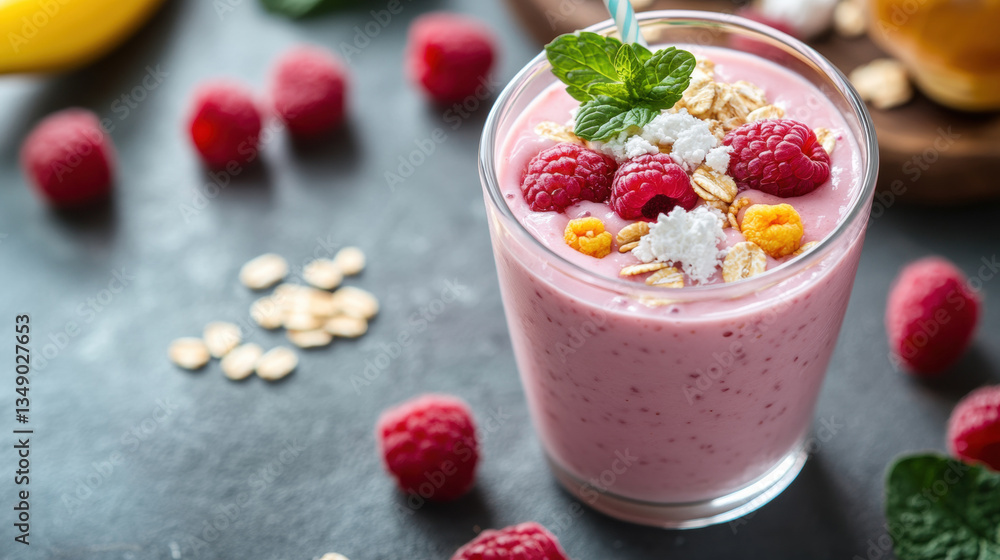 Tasty smoothie with berries, mint and oatmeal on white wooden table. Collagen Supplements For Healthy Skin, Hair. Tasty smoothie with berries, mint and oatmeal on white wooden table. Collagen Supplements For Healthy Skin, Hair.
