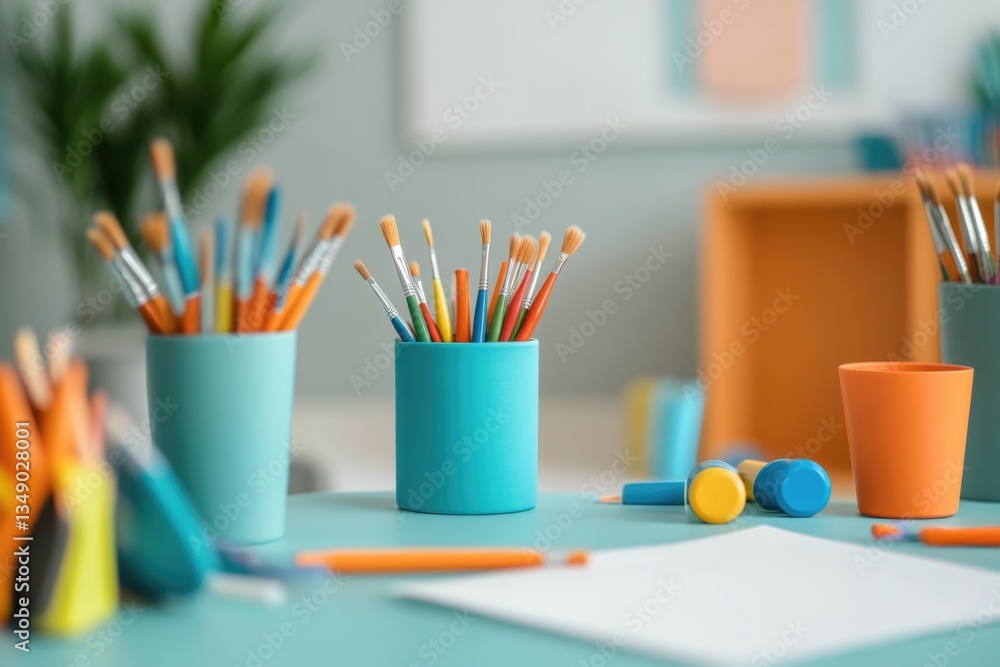 Obraz premium Colorful art supplies arranged neatly, showcasing creativity and