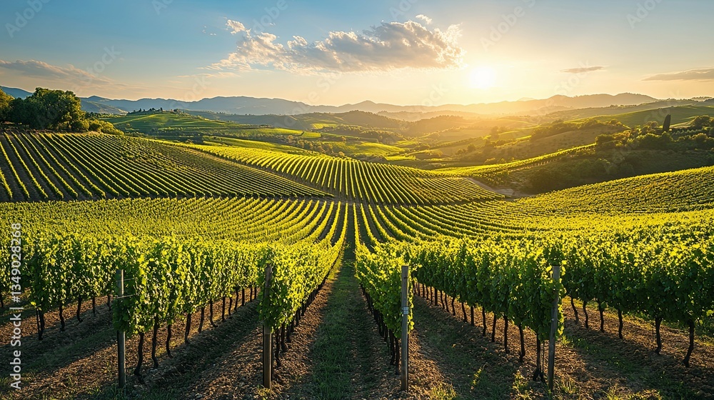 Fototapeta premium Picturesque vineyard with rows of green grapevines during a sunset