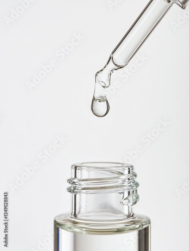 Clear dropper releasing a liquid into a glass bottle on a plain background