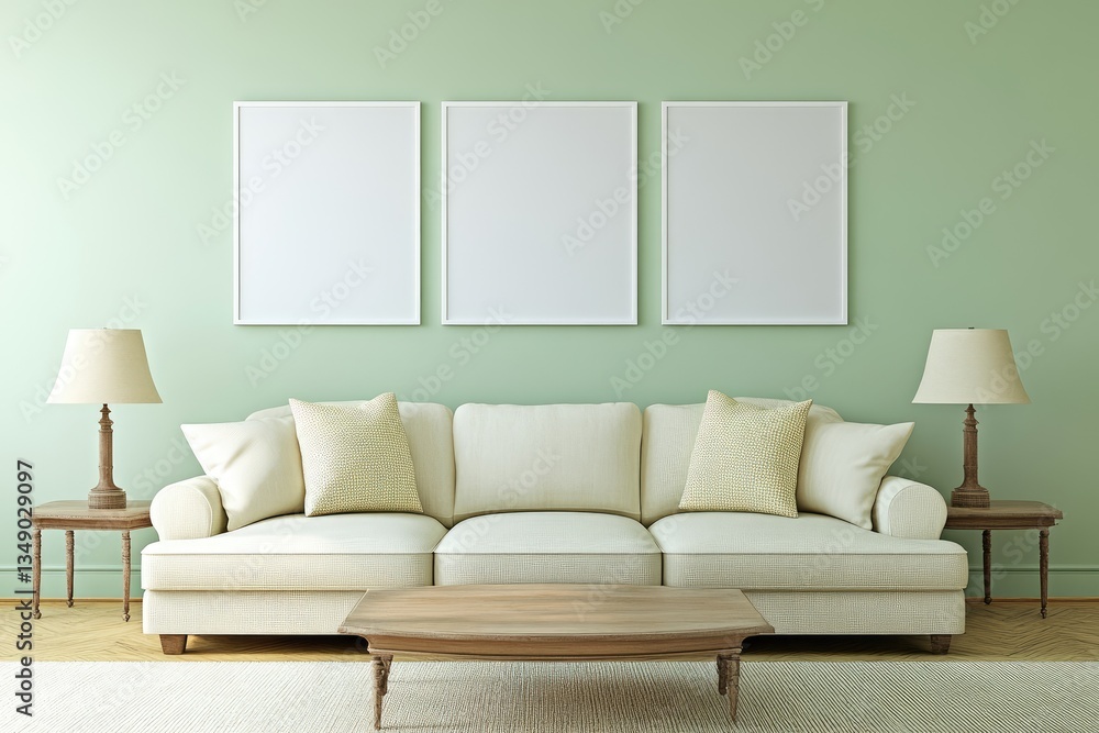 Empty frames on sage wall, beige sofa, living room mockup Empty frames on sage wall, beige sofa, living room mockup