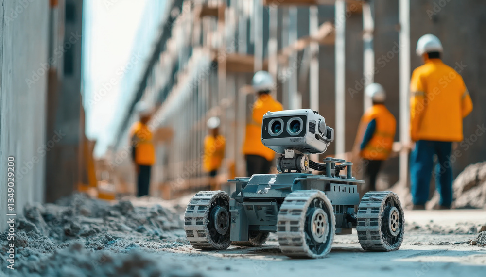 Fototapeta premium A small robot equipped with wheels navigates a construction site, supporting workers dressed in safety gear as they oversee the ongoing project in an industrial environment