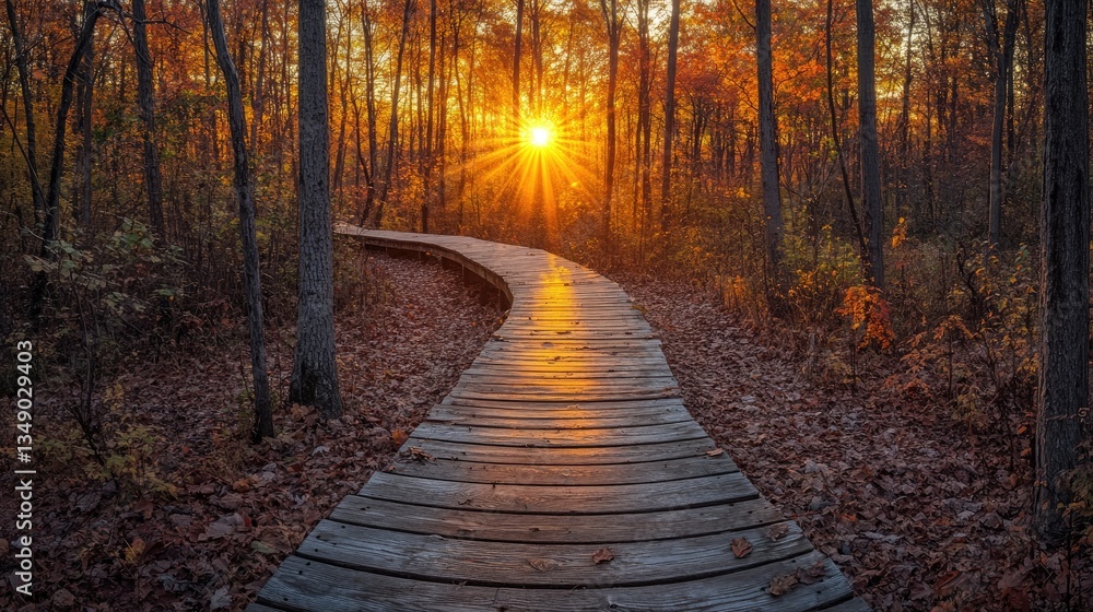 Obraz premium Autumn sunset boardwalk trail forest nature walk