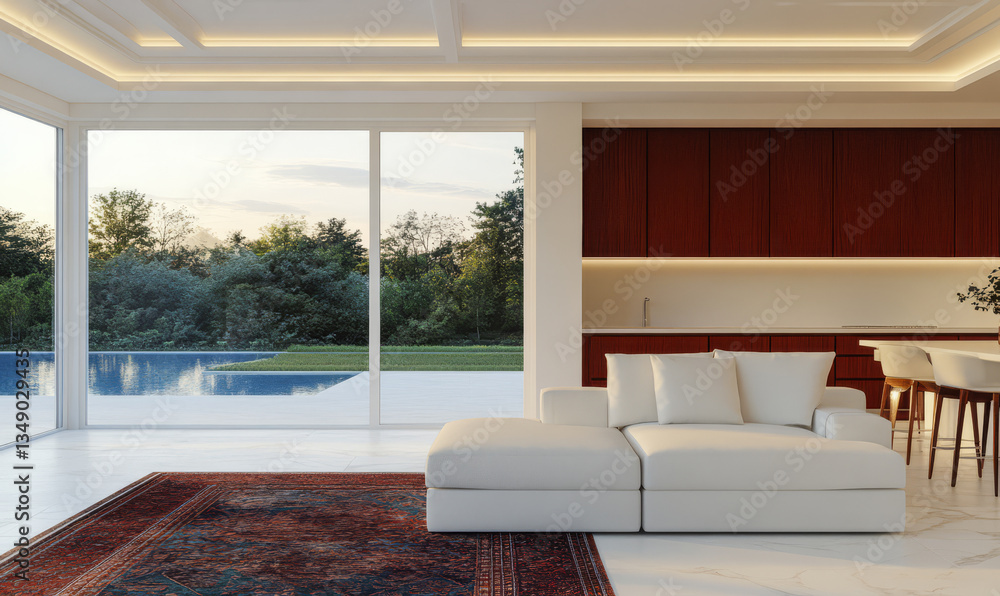 Fototapeta premium Modern living room with white sectional sofa and view of outdoor pool at sunset